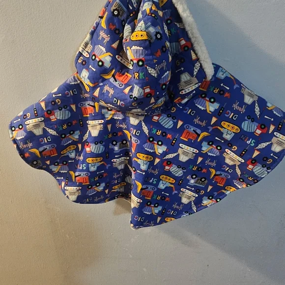 Blue Construction-Themed Kids Poncho Cape Carseat Blanket / Cover